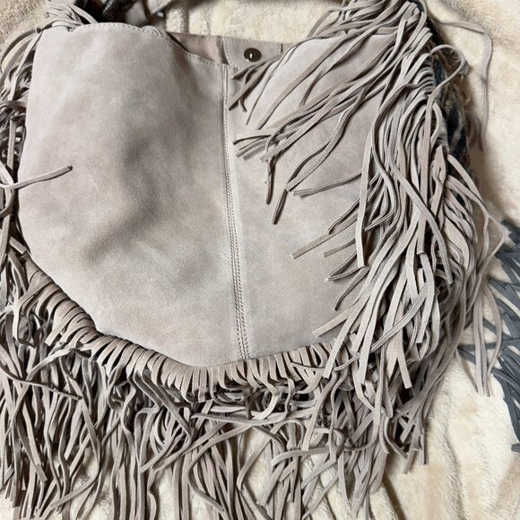 Johnny Was Elodie Plain Bag Boho‎ Gray Suede Leather  fringe colorful side NwOT - Picture 6 of 10
